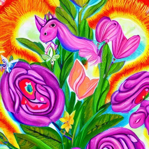 Prompt: a high detailed painting of 🦄🌺🌻💐 H 768