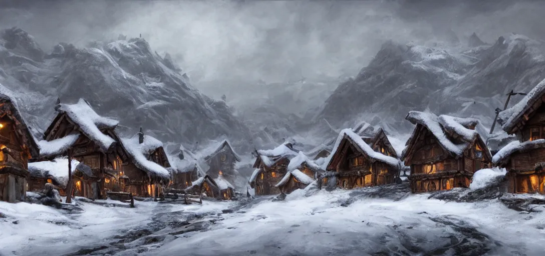 Image similar to mountain village with wooden viking houses in the snow, blizzard, landscape, raphael lacoste, eddie mendoza, alex ross, concept art, matte painting, highly detailed, rule of thirds, dynamic lighting, cinematic, detailed, denoised, centerd