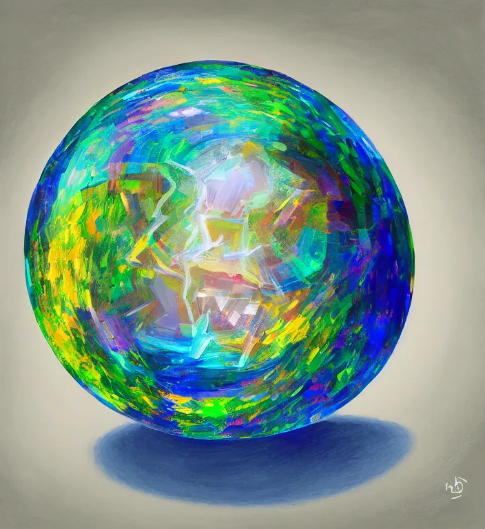 Image similar to an acrylic illustration of an intricate and faceted crystal ball with a world inside of it + impasto + dissolving in to light + prism + god rays + dramatic lightning + backlit + specular + caustics