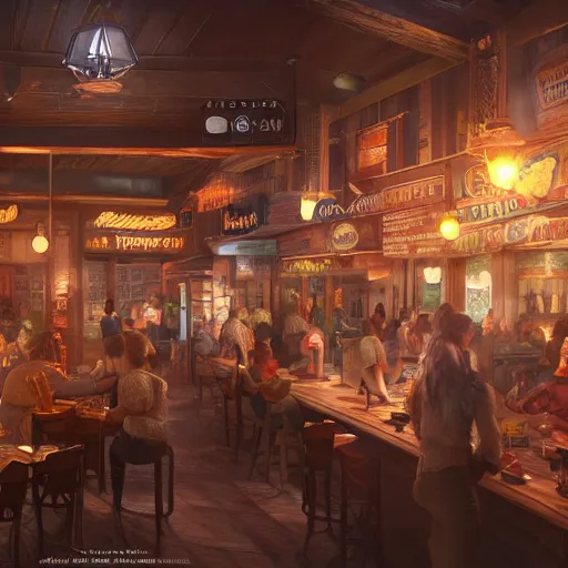 Prompt: Matte painting of a busy tavern, volumetric lighting, high details, 4k, photo realistic