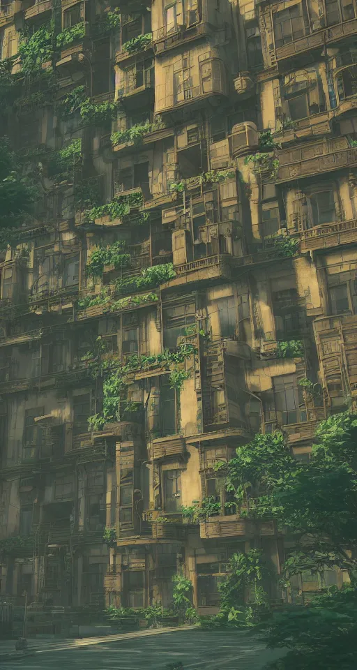 Prompt: A Huge Steampunk Old Apartment Building, by Miyazaki, by Vincent Di Fate Nausicaa, Ghibli, Breath of The Wild, epic composition, green plants, octane render, trending on artstation