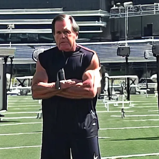 Image similar to Coach Belichick with a ripped physique answering questions from the media about steroid use