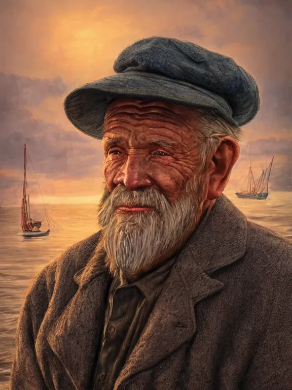 Prompt: realistic renderings portrait of very old fisher man portrait with a hat, wearing a fisher 🧥, port scene background, astonishing scenes, detailed, photorealism, volumetric lighting, autumn lights colors, ultra detailed