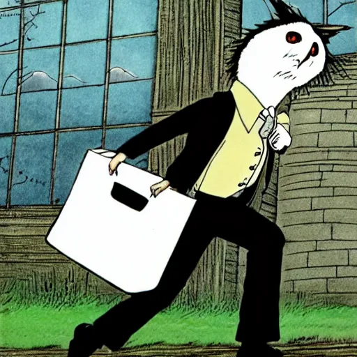 Image similar to barn owl in a black suit wearing an office bag going to the office,drawn by Hayao Miyazaki and Beatrix Potter, highly detailed,anime, anime shot,anime colours, inspired by my neighbor totoro 1988