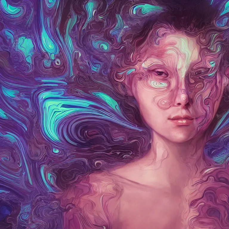 Image similar to portrait of a woman with swirling hair and fractal skin by killian eng, retrofuturism, psychedelic art reimagined by industrial light and magic