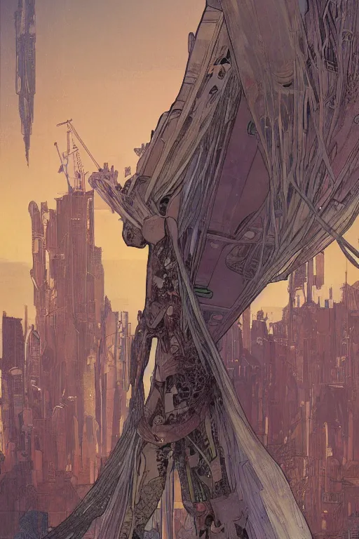 Image similar to comic book illustration, a very tall structure hovers 10 feet above the ground, the ground below it is scorched and cracked and a young girl stands near it looking up at it, cyberpunk concept art by Moebius and Alphonse Mucha, highly detailed, intricate, sci-fi, sharp focus, Trending on Artstation HQ, deviantart