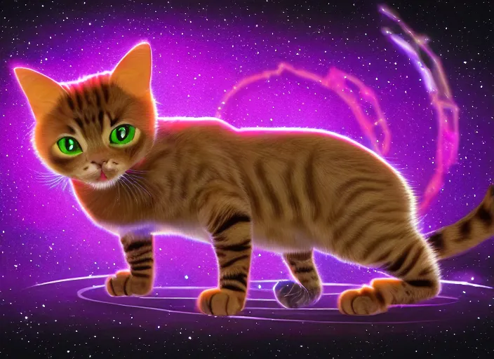 Image similar to coloring book drawing of a cat from a musical sparkly digital space opera, animated film, volumetric lighting, octane render