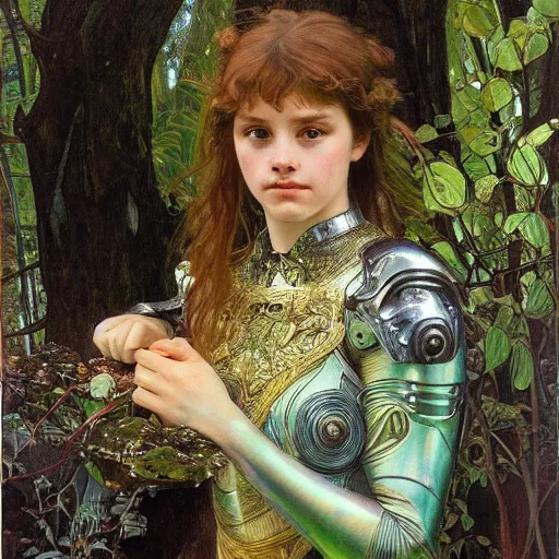 Image similar to a detailed, beautiful portrait oil painting of a girl who looks an 1 8 - year old, with a surprised expression, wearing intricate, full - plate iridescent armor in an ancient forest, by donato giancola, alphonse mucha, and john williams waterhouse