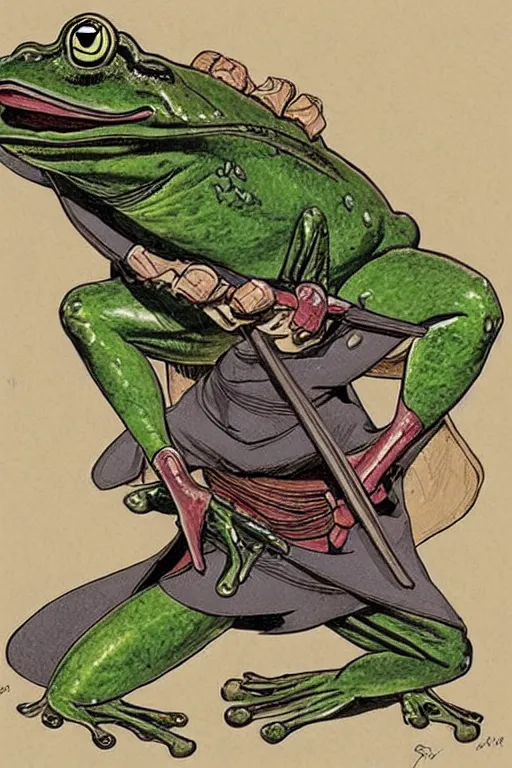 Prompt: Frog Samurai. concept art by James Gurney and Mœbius.