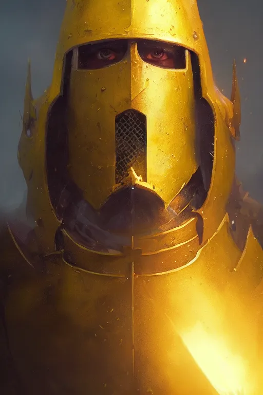 Image similar to A closeup of a yellow holy knight by Greg Rutkowski, Dan Mumford, Christophe Vacher, 4k photorealistic, volumetric lighting, HD, high details, dramatic, trending on artstation