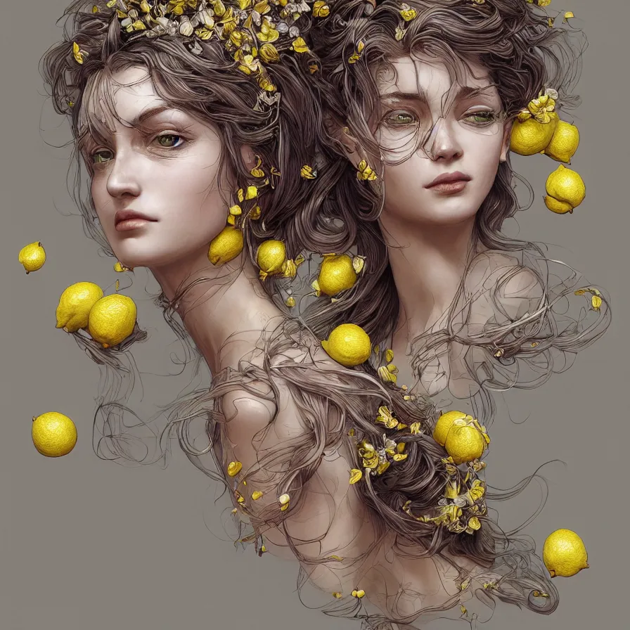 Image similar to the portrait of a sensual lemon personified as an absurdly beautiful, graceful, elegant, sophisticated, young woman made up of lemons, an ultrafine hyperdetailed illustration by kim jung gi, irakli nadar, intricate linework, bright colors, octopath traveler, final fantasy, unreal engine 5 highly rendered, global illumination, radiant light, detailed and intricate environment