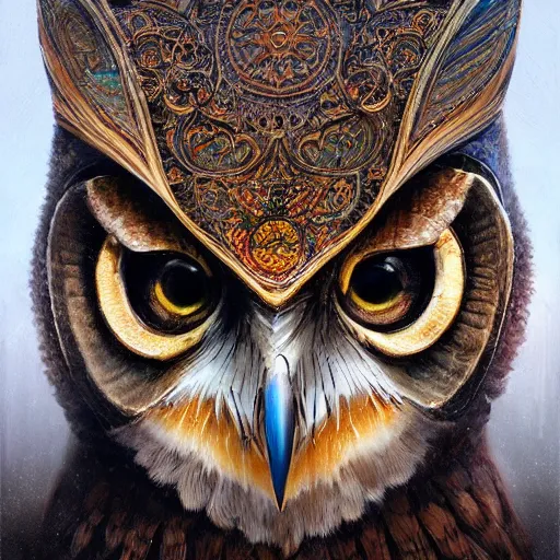Prompt: a ultradetailed beautiful concept art of a an intricate wooden mask of an owl painted with beautiful colors, but the mask seems to hide some dark secret, intricate, concept art, high resolution 4 k, by tom bagshaw, greg rutkowski, charli bowater and artgeem