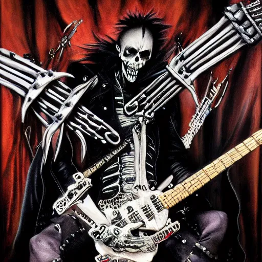 Image similar to a portrait of the grim reaper as a punk rocker playing an electric guitar, punk, skeleton face, mohawk, dark, fantasy, leather jackets, spiked collars, spiked wristbands, piercings, boots, ultrafine detailed painting by frank frazetta and vito acconci and michael whelan and takeshi obata, death note style, oil on canvas, symetric body