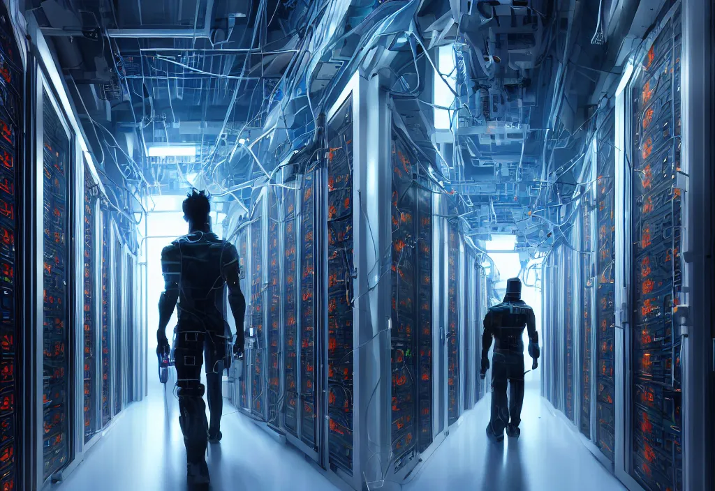 Prompt: shot of film cyborg walking in detailed server room in data center, character design, vivid color, complementary color, detailed, high quality, correct composision, correct perspective, trending on artstation, volumetric lighting, dramatic lighting by yoichi hatakenaka, cyberpunk art by asher brown durand