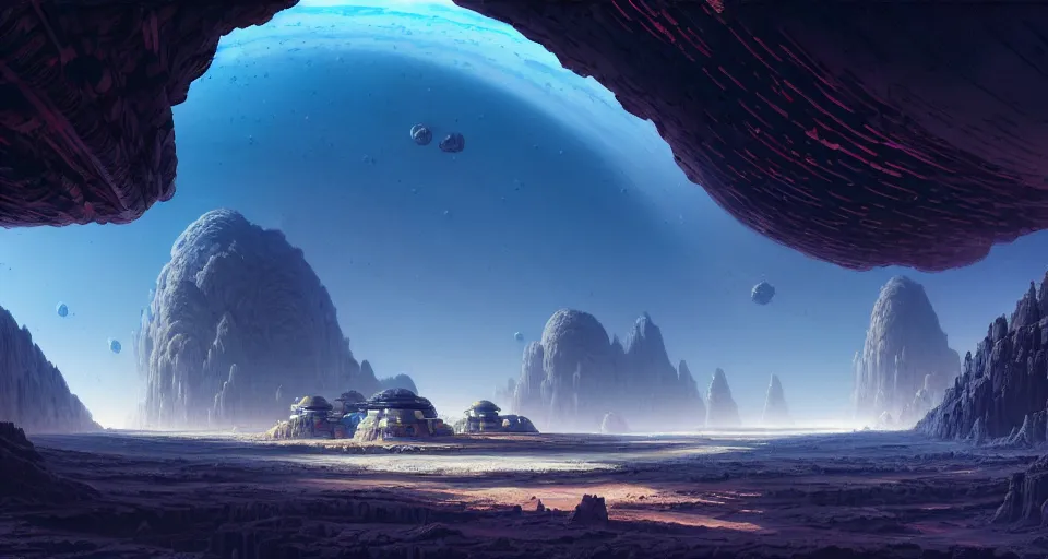 Image similar to a highly detailed digital matte painting of a 23rd century mineral extraction colony on the surface of an asteroid, by Stephan Martiniere and Raphael Lacoste and Peter Mohrbacher and Robert McCall, wide angle shot, volumetric lighting, hyperdetailed, space, octane render, 8k H- 640