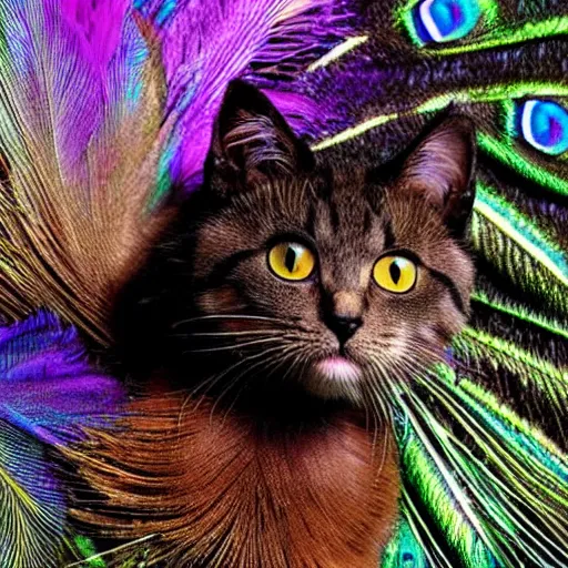 Prompt: A beautiful award winning picture of a cute cat in front of a dark background. The cat has a peacock tail and some feathers on the back. extremely detailed, stunning, high quality