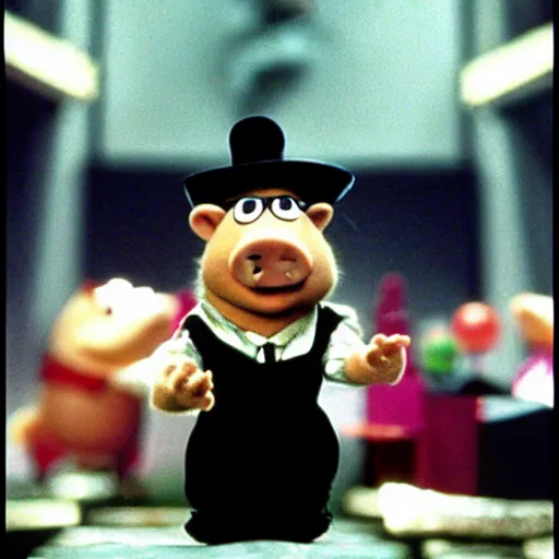 Prompt: Miss Piggy as Morpheus in The Matrix (1999) offering red or blue pill