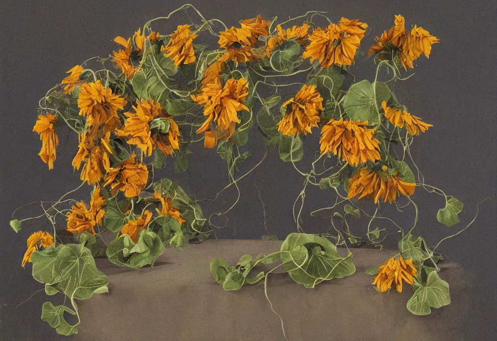 Prompt: award winning fine artwork about withered sunflowers and dry nasturtiums with vines, dark tones