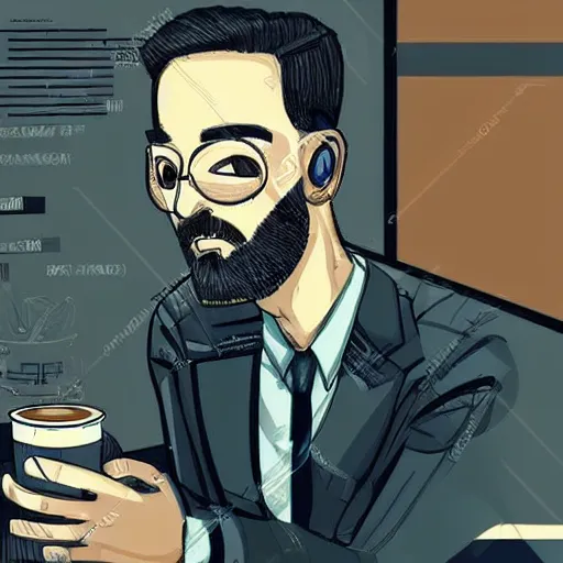 Image similar to handsome startup CEO having a cup of coffee. sci-fi cyberpunk!!!!!!!! concept art