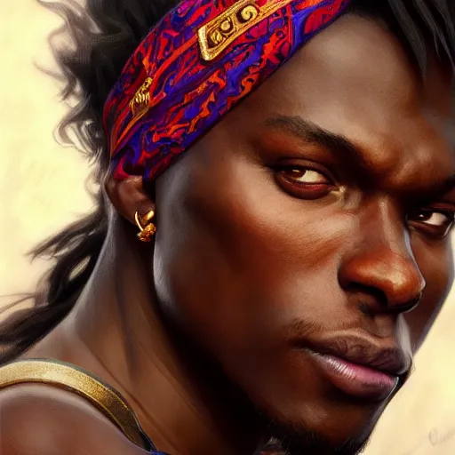 Image similar to KSI wearing a bandana, closeup, D&D style, fantasy, intricate, elegant, highly detailed, digital painting, artstation, concept art, matte, sharp focus, illustration, art by Artgerm and Greg Rutkowski and Alphonse Mucha