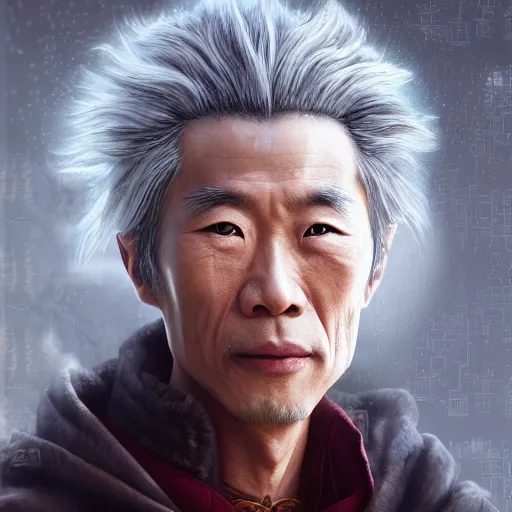 Image similar to portrait painting of a 6 0 year old handsome chinese taoist priest, like liangchao wei, silver hair, amiable by wenjun lin, irakli nadar, bright colors, octopath traveler, wenjun lin, unreal engine 5 highly rendered, global illumination, radiant light, detailed and intricate environment