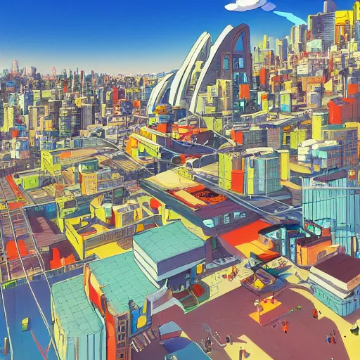 Prompt: futuristic city on a mountainside, red - yellow - blue buildings, city, cel - shaded, raytracing, cel - shading, toon - shading, 2 0 0 1 anime, flcl, jet set radio future, drawn by artgerm