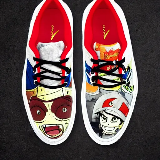 Prompt: Sneaker inspired by Luffy from One Piece