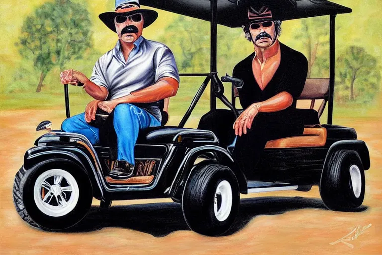 Prompt: black velvet painting of burt reynolds from smokey and the bandit driving a golf cart