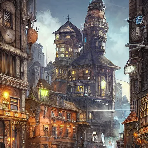 Prompt: digital paiting of a city with medieval and cyberpunk styles of architecture steam punk hyper realistic style, fantasy by Olga Fedorova