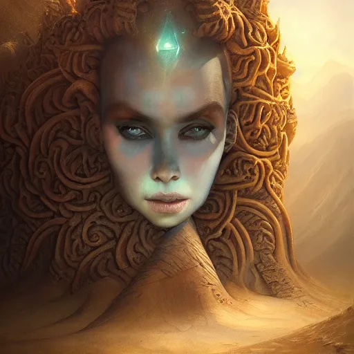 Image similar to a hyperrealistic illustration of a monster covered in sand, desert with rocks with fractal sunlight, award-winning, masterpiece, in the style of Tom Bagshaw, Cedric Peyravernay, Peter Mohrbacher