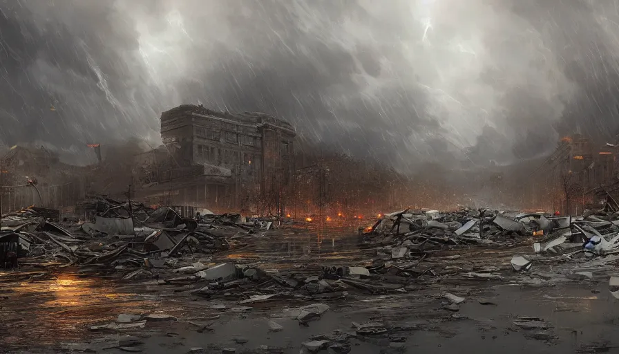 Image similar to washington during tsunami, destroyed buildings, rain, thunderstorm, hyperdetailed, artstation, cgsociety, 8 k