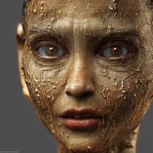 Prompt: photo taken of an epic intricate, ultra detailed, super realistic gritty, wet, lifelike sculpture of a female humanoid android creature with bioluminescent patches of skin created by weta workshop, zoomed in shots, subsurface scattering, photorealistic, sharp focus, white wall coloured workshop, cold colour temperature, f 0. 4, face centred, golden ratio,