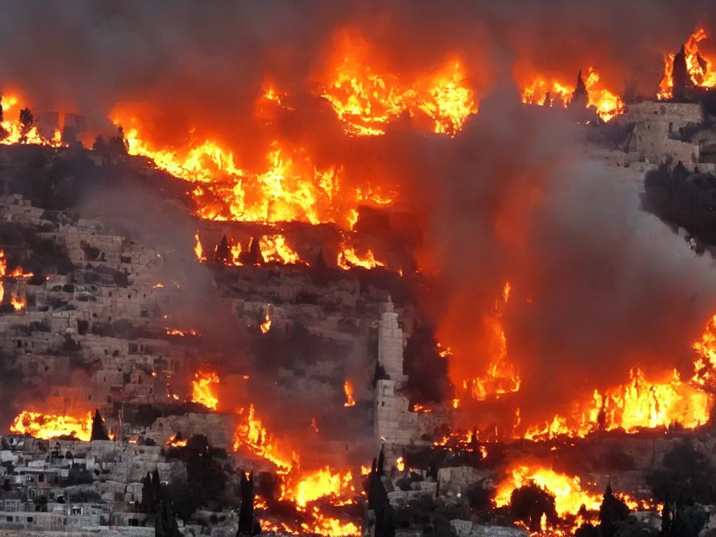 Image similar to jerusalem is on fire, the destruction of the temple, by god