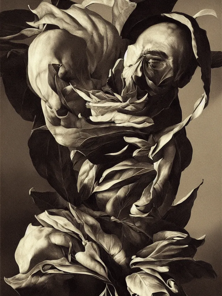 Image similar to hyperrealistic still life painting of a alan watts, by Caravaggio, botanical print, surrealism