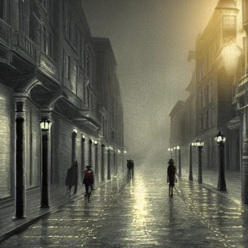 Image similar to victorian city street, dark, misty, at night, 8 k, detailed, concept art, trending on artstation