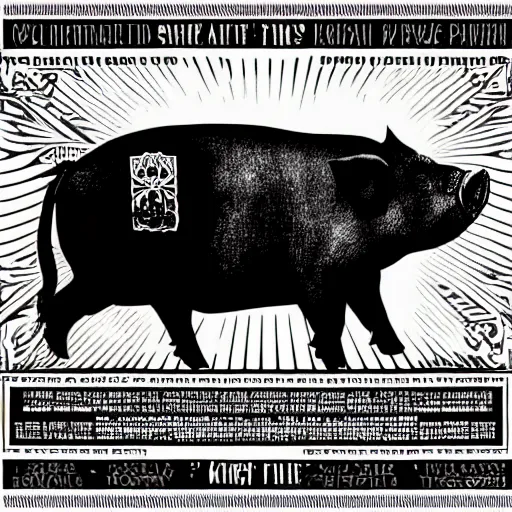 Image similar to Portrait of pig as a king by Shepard Fairey, black and white, full body, zoomed out