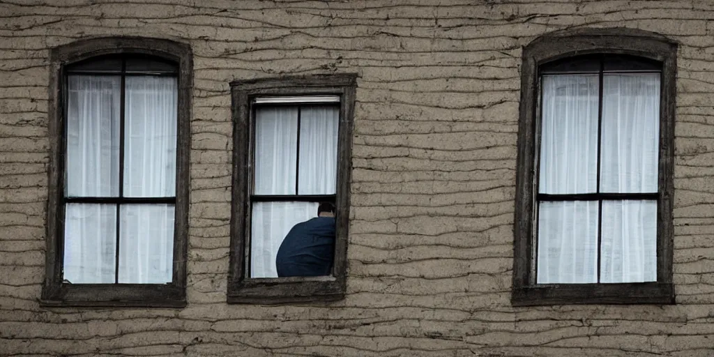 Prompt: Texture of home, a man in the window, view from front