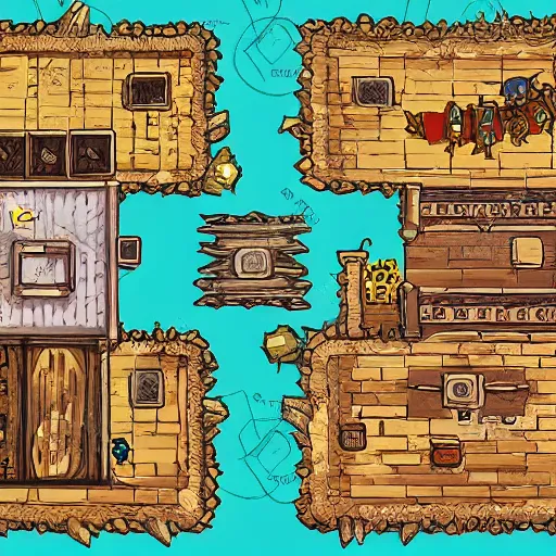 Image similar to A detailed vector art presenting an aerial view of a cartoonish tavern by dungeondraft, Patreon content, contaning tables and walls, HD, straigth lines, dnd map , map patreon, fantasy maps, foundry vtt, fantasy grounds, aerial view ,dungeondraft , tabletop, inkarnate, dugeondraft, roll20