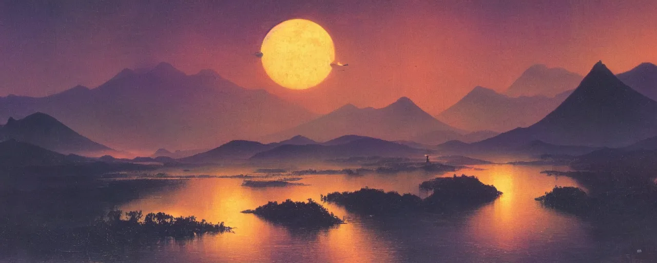 Image similar to awe inspiring bruce pennington river landscape, digital art painting of 1 9 6 0 s, japan at night, 4 k, matte