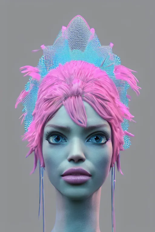 Prompt: epic 3 d sculpture of trans model, mesh headdress, 2 0 mm, with pastel pink and cerulean hextech bursting, perlin noise melting into mogwai, delicate, beautiful, intricate, houdini sidefx, trending on artstation, by jeremy mann and ilya kuvshinov, jamie hewlett and ayami kojima