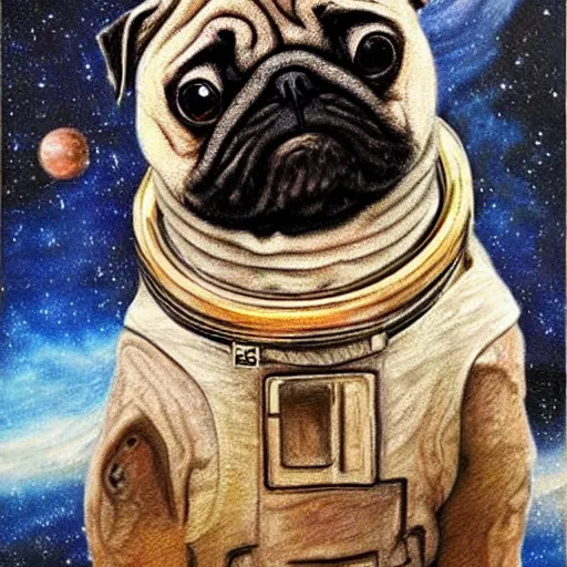 Prompt: pencil art, golden - ratio, spirals, highly detailed, astronaut pug in outer space painted by davinci.