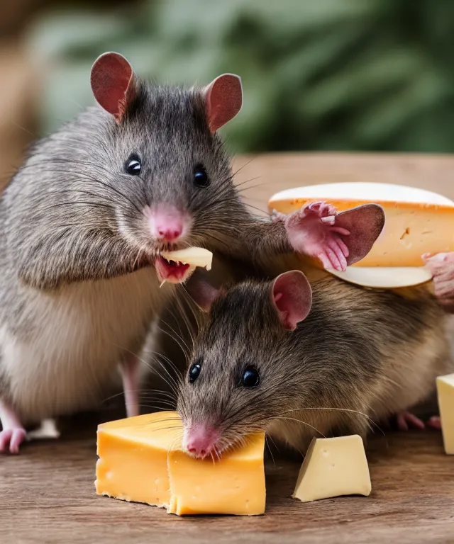 Image similar to high quality presentation photo of vicious anthropomorphic rats with sharp teeth eating cheese, photography 4k f1.8 anamorphic bokeh 4k Canon Nikon