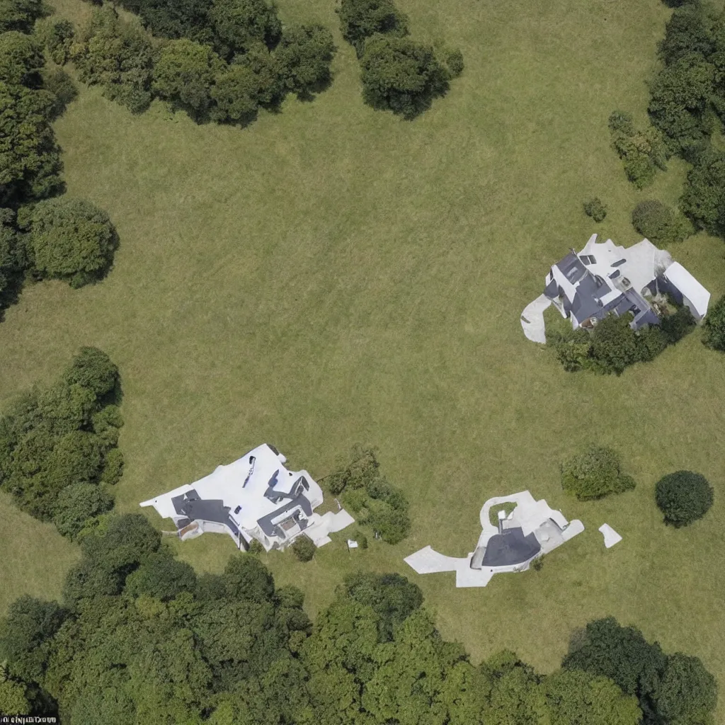 Image similar to a surrealist house with drone propellers, hovering over a field, perfect symmetry, view from the front,