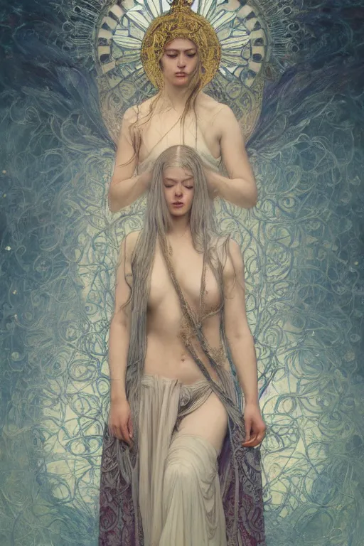 Prompt: a full body portrait of a beautiful ethereal delicate icelandic mage queen meditative sacral pose catholic stages of the cross, intricate, elegant, highly detailed, digital painting, artstation, concept art, smooth, sharp focus, illustration, art by krenz cushart and artem demura and alphonse mucha