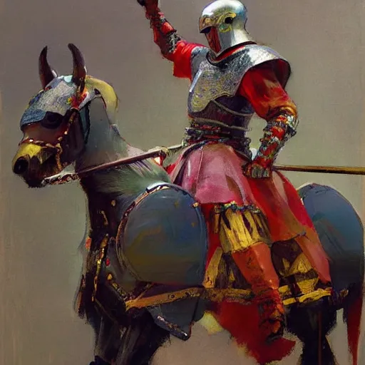 Image similar to portrait of colorful rider holding jousting lance, caparisons, chainmail, by greg manchess, bernie fuchs, ruan jia, walter everett