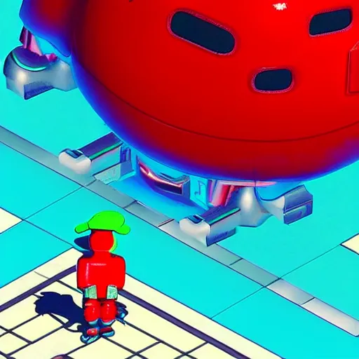 Image similar to red giant robot that towers over you from nintendo's earthbound beginnings in remastered 3 d geometry with raytraced highly reflective material, 4 k