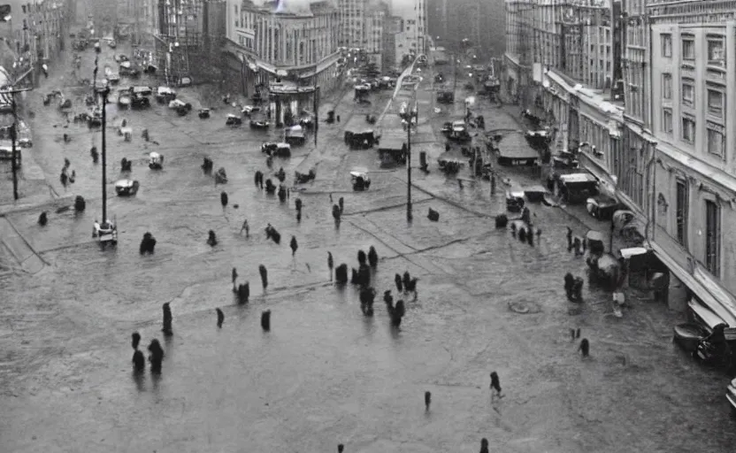 Prompt: 40s historic footage of a sovietic street with pedestrians, aerial view , Cinestill 800t 18mm, heavy grainy picture, very detailed, high quality, 4k panoramic, billboards and streetlight at night, rain, mud, foggy