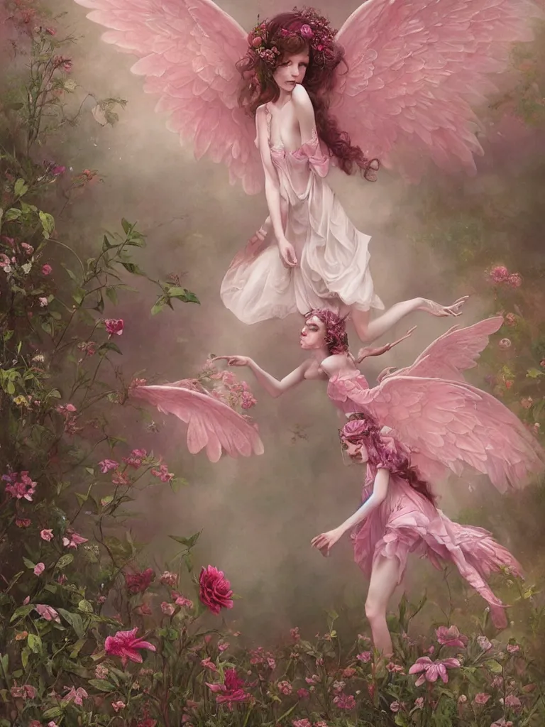 Image similar to one pink fairy with large wings exploring her lonely flower garden by herself in the style of tom bagshaw, extremely detailed, muted colors