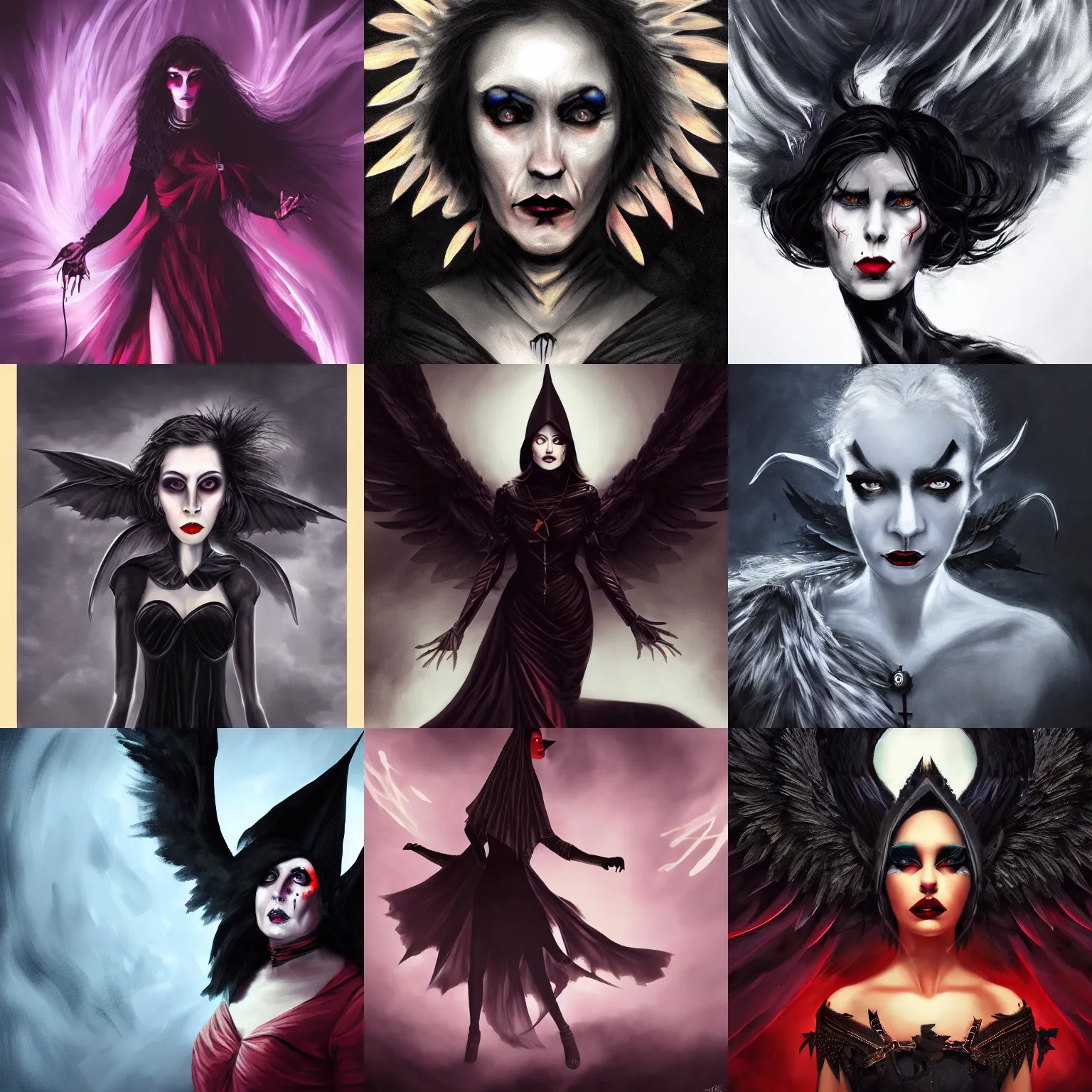 Prompt: evil witch with black wings, powerful, astmospheric, cinematic lighting, dramatic, 4k painting