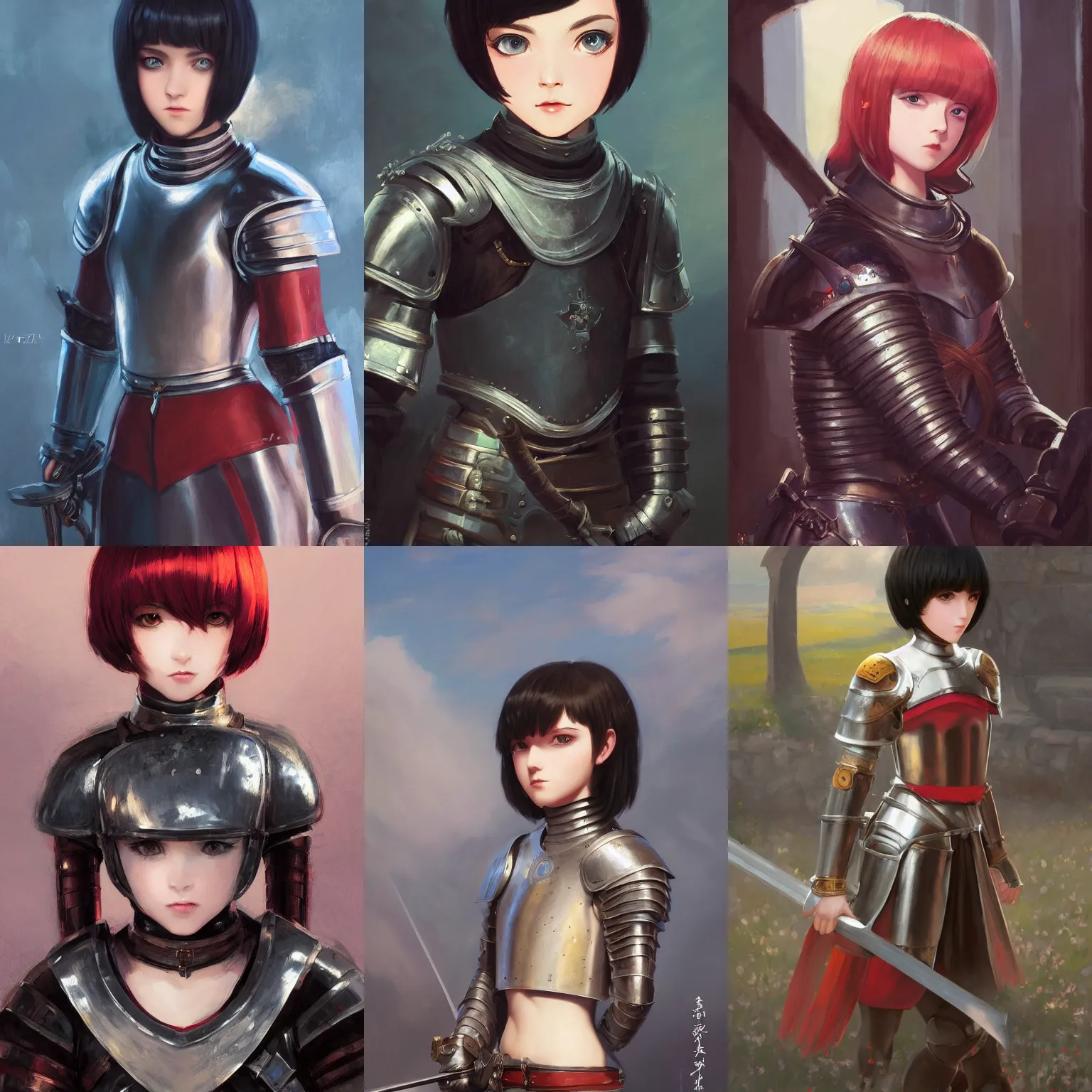 Prompt: a portrait of a cute young female knight in shining armor with black bob cut hair, medieval setting, vivid colors, soft lighting, atmospheric, cinematic, moody, in the style of Ilya Kuvshinov and Range Murata, Krenz Cushart, oil on canvas, 8k